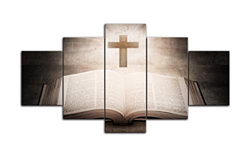 Amemny 5 Panels Christian Jesus Cross Painting Print Poster Wall Art Sunshine Bible Book Background Paintings Home Decor Paintings Living Room Decorating Framed Ready To Hang #TOP1