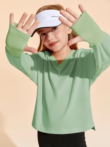 Image of Haloumoning Girls Oversized Long Sleeve T Shirts Kids Casual V Neck Cute Tops Basic Tees with Thumb Holes 4-14Y