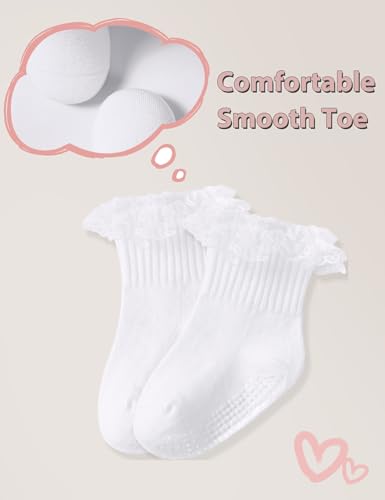 Witwot 6 Pairs Toddler Grip Socks Baby Girls Non Slip White Ruffle Socks 6M-5T4