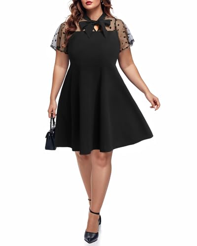 Pinup Fashion Women's Plus Size Contrast Mesh Short Sleeve Bow Tie Neck Cocktail Party Elegant A-Line Dress4