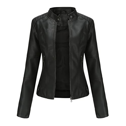Onsoyours Blouson Femme Veste en Cuir Faux Simili Manches Longues Blouson Fermeture Éclair Biker Manteau Slim Fit Bombers Moto Jacket Chaud Casual C Noir XXL