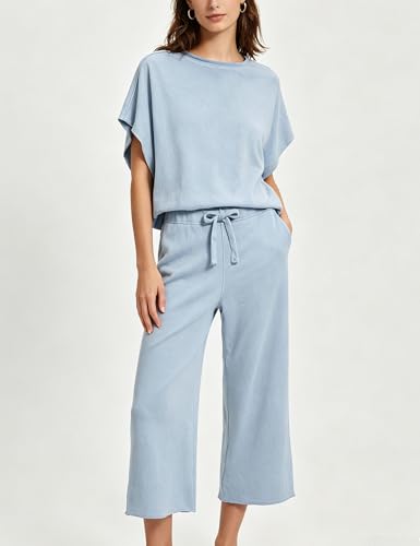 Image of Bozanly 2 Piece Sets for Women Short Sleeve Tops and Capris Loose Matching Pajama Sets Sweatsuits