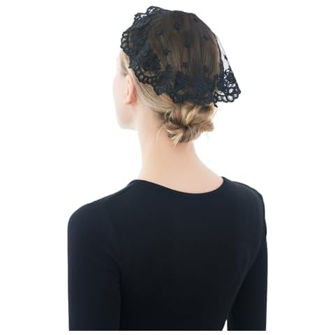Wgior Catholic Church Small Circle Round Head Covering Floral Lace Mantilla Chapel Cap Veil Latin Mass Veils for Women Girls (Black) Cover
