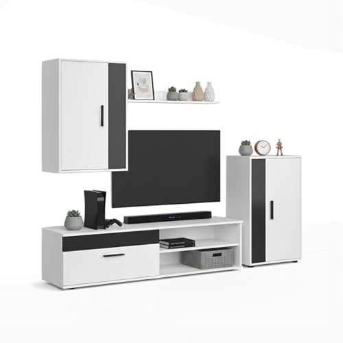 duehome | Mueble de Salón, Composición Modular de TV, Modelo: Lunet 190, Acabado en Blanco y Negro, Medidas: 140 cm (Largo) x 35 cm (Fondo) x 36,2 cm (Alto)