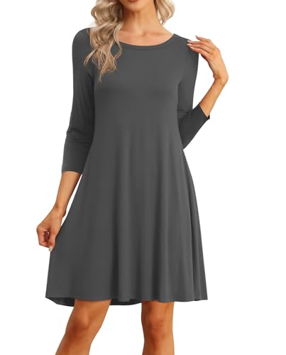 Image of VIISHOW Womens Round Neck 3 /4 Sleeves A-line Casual Tshirt Dress with Pocket