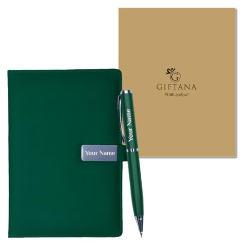 Image of Giftana Personalized Notebook Diary with Pen Gift Set for Men and Women, 2 in 1 Customized Office Diaries A5 Size Notebook, Diwali Gifts, Personalised New Year Corporate Gifts for Employees (Green Silver)