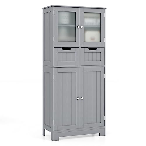 LIFEZEAL Mobiletto Bagno Salvaspazio in Legno, Armadio a 2 Ante in Vetro, Arredo Grande 60x30x128 cm, Mobile Dispensa Cucina con 2 cassetti, Vetrinetta Soggiorno Moderno e Alta, (grigio)