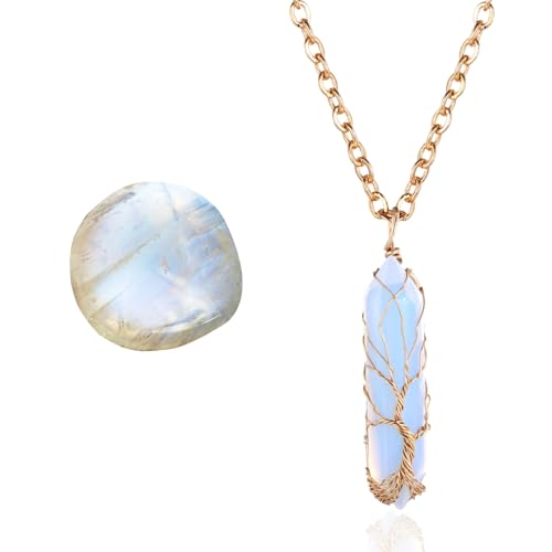 HALUKAKAH Collier en Pierre de Lune - AMOUR LUNAIRE - Fil Arbre de Vie Fait Main Plaqué 18 Carats Or,Pendentifs en Forme de Hexagonale en Cristal Naturel et Chaîne de...
