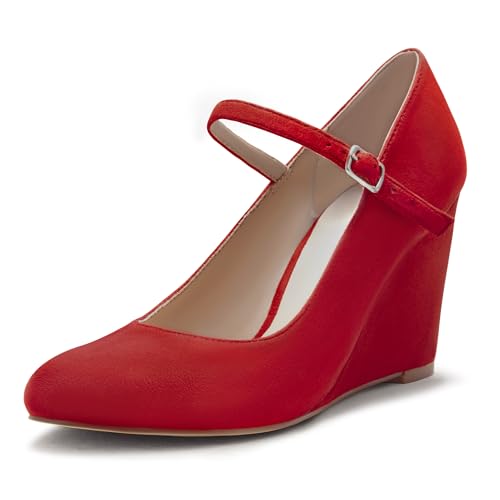 DIFEMA Womens Wedge Pumps with Ankle Strap for Dressy Ladies Mary Jane Shoes Closed Toe Wedges Heels for Women Red