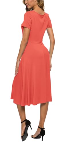 Image of EXCHIC Women's Casual Round Neck Short Sleeve Midi Dress Solid Stretchy Waist Knee Long Dress