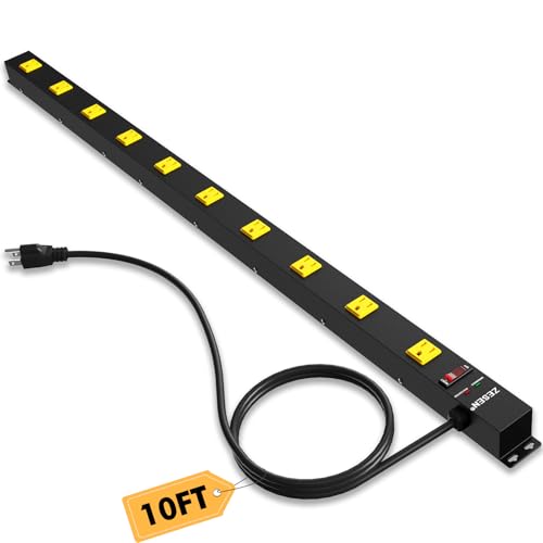 Image of 10 Outlet Long Power Strip, Wide Spaced Outlet Power Bar, Heavy Duty Metal Power Strip with 10FT Cord for Work Bench, Garage, Shop, Overload Protection Switch, ETL Listed (15A /1875W)