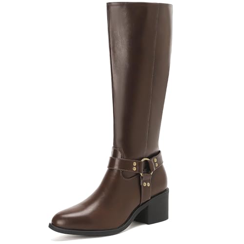 Putu Women's Riding Boots Block Heel Knee High Boots Almond Toe Fall Boots with Buckle