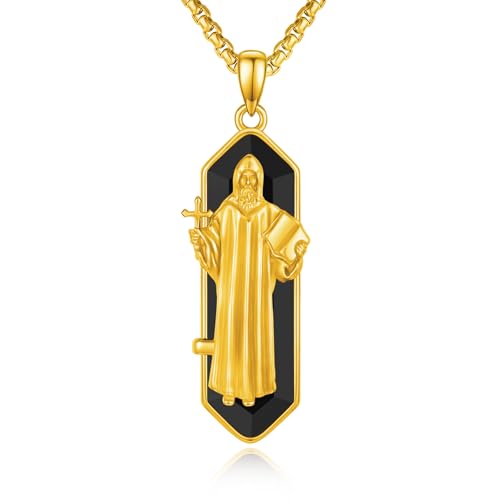 Collier religieux pour homme avec médaille Saint Benoît en argent et onyx