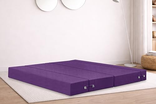 Image of Rosebell Three Seater Foldable Sofa Cum Bed (5x6 Feet) ? Jute Fabric, Washable Removable Cover, Includes Cushion | Space Saving Convertible Sofa Bed for Home, Office & Guests - Purple