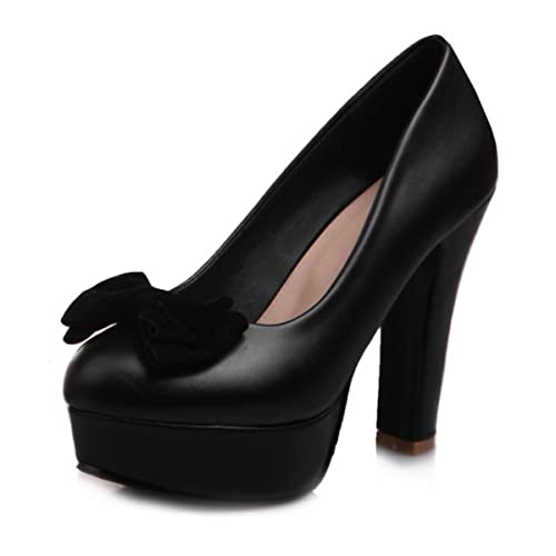 HuangTaiJi Qing Women's Cute Bow-Knot Platform High Heeled Pumps, Sweet Round Toe Slip on Dress Shoes for Party - Main Image