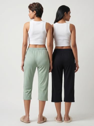 Image of Fflirtygo Women's Cotton Plain Calf Length Capri | Nightwear Short Pyjama | 3 /4th Solid Pyjama Pant | Regular Fit Casual & Lounge Wear Capri Combo (Pack of 2)