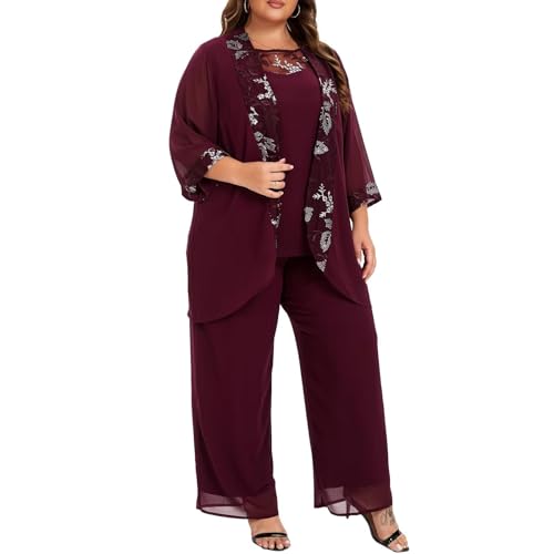 VK Selec Plus Size Pant Suits 3 Piece Chiffon Outfit Dressy Mother of The Groom Bride Evening Wedding Gowns2