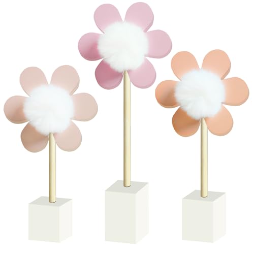 Image of Cobzier 3 Pack Daisy Nursery Shelf Decor, Wooden Boho Baby Girl Nursery Decor Pink Floral Room Decoration Bohemian Cute Little Girl Wall Art for Bedroom Kindergarten Classroom Playroom Bookshelf Gift