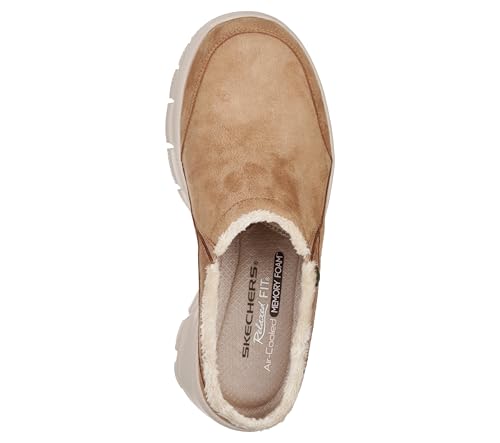 Image of Skechers Women's Clogs - Relaxed Fit: Easy Going - Latte-Twin Gore Open Back Suede Fur Slip-On Clogs with Air Cooled Insole