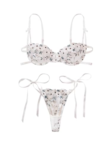 Image of Lilosy Sexy Tie Side Cute Underwire Push Up Strappy Embroidered Mesh Sheer Lingerie Set