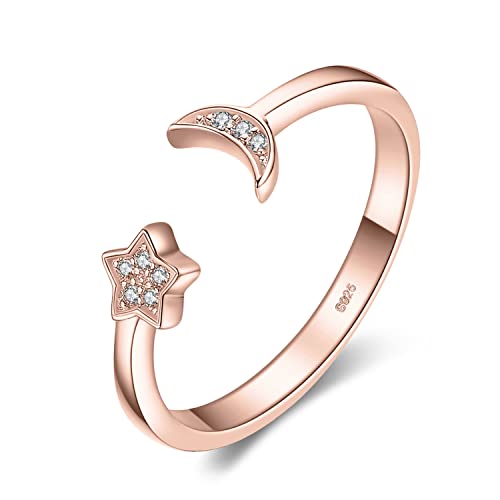 JewelryPalace Anillo Ajustable Luna y Estrella Mujer Plata de Ley 925 Oro Rosa, Abierto Sencillo Lindo Circonita, Elegante Piedra Preciosa, Regalo Promesa Joyas de Mujer