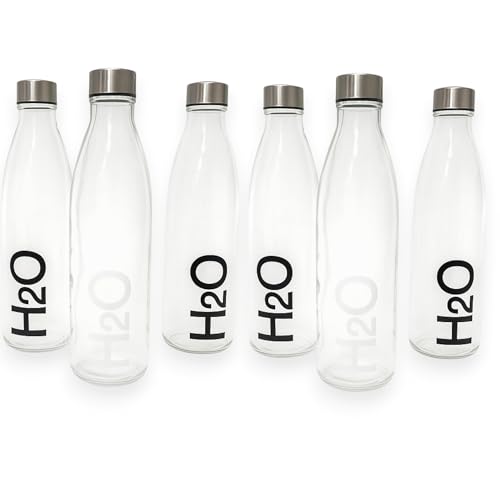 KORAT Set 6 Bottiglie Vetro 1 Litro con Tappo a Vite in Acciaio Inox Bottiglie Riutilizzabili per Acqua, Succhi, Design Elegante Senza BPA, Ideali per Frigo e Tavola, Ristoranti, Bar, Cene Estive