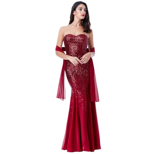 Goddiva Strapless Sequin Maxi Dress with Chiffon Inserts 8 Wine