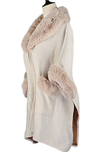Image of Women Poncho with Pocket Warm Cashmere Cardigan Cape with Rabbit Fur