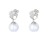 BCughia Pendientes de flor para mujer, aretes para mujer, oro blanco de 9/14/18 quilates con perla y moissanita, Oro blanco de 14 quilates, Perla Moissanita