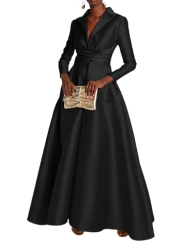 Noufany A-Line Satin Dress for Women Wedding Guest Long Sleeve Floor Length Shirt Collar Evening Gown Dress Elegant Draped