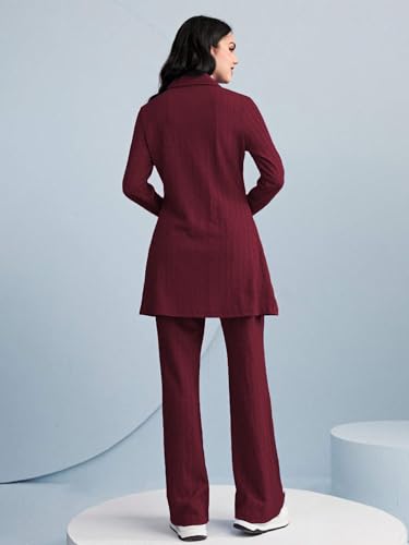 Image of TADKEE Women's Solid Color Two-Piece Set | Long Sleeve Top & Wide Leg Pants Co-ord Set | Casual Wear Co ord Set