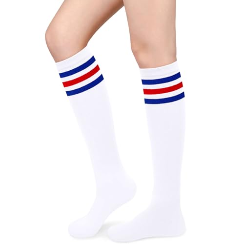 Olreco Red and Blue Striped Socks Knee high Red White and Blue Socks Striped Tube Sock Halloween Sock Woman Halloween Costume