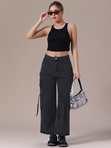 Women's Cargo Jeans Straight Wide Leg High Waist 8 Pockets Casual Baggy Denim Pants3