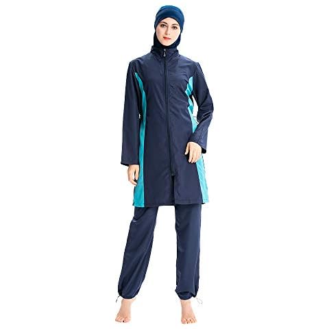 OWN4B Plus Size Modest Swimsuits for Women with Hijab Full Coverage Print Zipper Muslim Islamic Burkini Dark Blue Cover