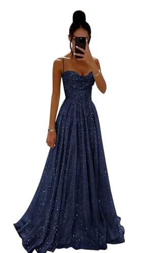Glitter Tulle Prom Dress Long Spaghetti Strap Corset A Line Formal Evening Dresses with Pockets UU60