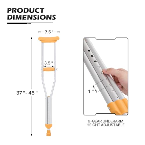 monicare Underarm Crutches for Youth 4\'6\" - 5\'2\" Aluminum Adjustable Lightweight Ergonomic Walking Crutches with Underarm Pads and Hand Grips (1 Pair, Small)