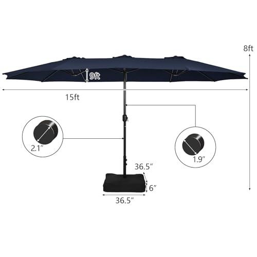Image of Tangkula 15FT Double-Sided Patio Umbrella with Base, Extra-Large Market Umbrella W /Crank System, Outdoor Twin Umbrella W / 12-Rib Metal Structure & Air Vents for Garden, Backyard, Poolside (Navy)