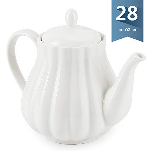 Sweese 222.101 Ceramic Teapot Pumpkin Fluted Shape, White - 28 Ounce
