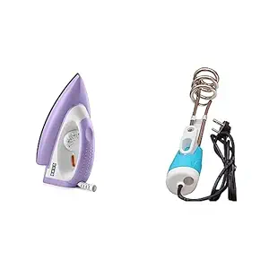 USHA Armor AR1100WB 1100 W Dry Iron with Black Weilburger Soleplate (Purple) & Usha IH 3810 1000W Shock Proof Immersion Rod (Blue)