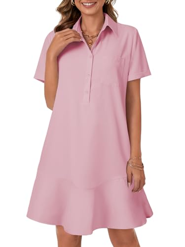 Image of OPOIPIN Women's Collared V Neck Stripe Short Sleeve Button UP Ruffle Hem Shirt Tunic Mini Dress