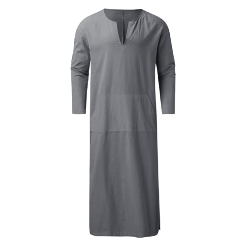 Muslim Robe Kaftan for Men Long Sleeve Solid V Neck Shirts Linen Kaftan Muslim Long Gown Side Split Ethnic Thobe Robe4