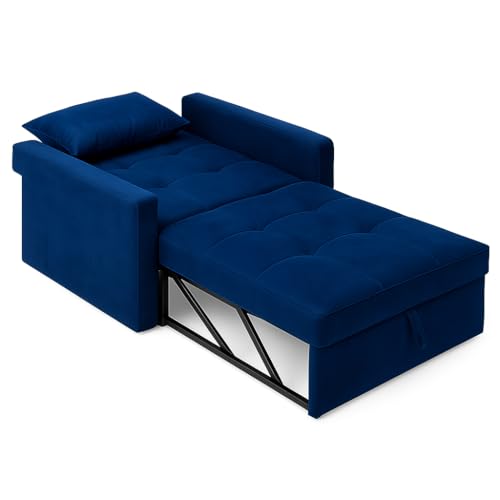 Image of FURNY Tressa 1 Seater Pull-Out Premium Fabric Sofa Cum Bed Sofa Set for Living Room (Blue Fabric)