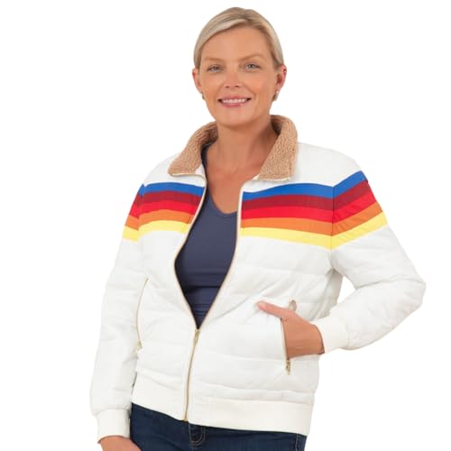 GreaterGood Chasing Rainbows Retro Stripe Insulated Jacket, Sherpa Collar Coat, Puffer Coat (US, Alpha, Small, Regular, Regular, White)