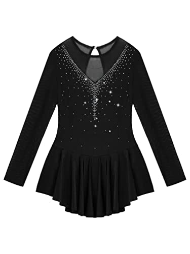 Agoky Kid Girls Shiny Figure Ice Skating Dress Long Sleeve Gymnastic Leotard Dress Roller Skater Ballet Dance Dress Dancewear Black 7-8 Years #TOP2