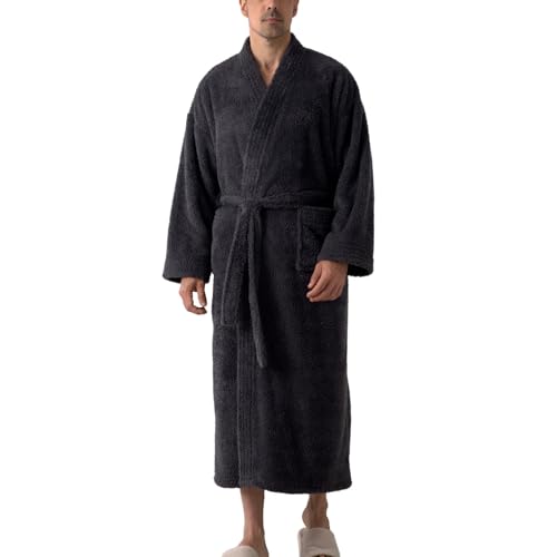 Men's Billowy Fleece Bath Robe Belt Bathrobe Chunky Comfy Cold Weather Drop Shoulder Baggy Fall Bathrobes