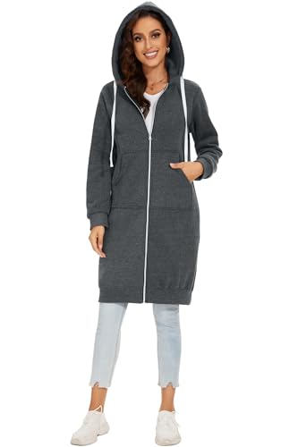 YOSICIL Damen Herbst Winter Outing Stil Frauen Warm Reißverschluss Öffnen Clubbing Dating Elegante Hoodies Sweatshirt Langen Mantel Jacke Tops Outwear Hoodie Outwear Kapuzenpullover,Dunkelgrau,4XL