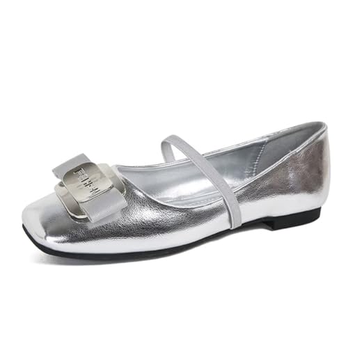 JOEupin Zapatos planos clásicos Mary Jane de punta cuadrada para mujer, zapatos planos de ballet suaves y cómodos, Plateado, 36 EU