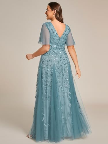 Image of Ever-Pretty Women's Sequin V Neck Plus Size Formal Dresses Evening Gown | Short Sleeve, A-Line, Empire Waist, Plus Size Mother of the Bride Dresses, Plus Size Gala Dress
