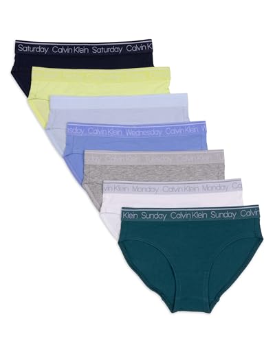 Calvin Klein Girls Bikini Days of The Week 7 Pack, Pacific/White/Heather Gray/Hydrangea/Skyway/Energy/Black Iris, Large