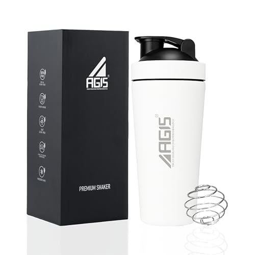 Image of AGIS Steel Shaker Stainless Steel 700ml Leakproof Shaker Bottle with Measurement Marking, Perfect for Fitness Enthusiast & Athletes, Ideal for Mixing Protein Shakes & Pre-Workout Formula (White)